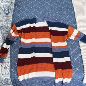 Striped Open-Front Cardigan Sweater in Orange, Navy & Burgundy